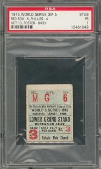 1915 World Series Game 5 Ticket Stub- Red Sox Vs. Phillies- Babe Ruths First World Series Title- (PSA PR 1)